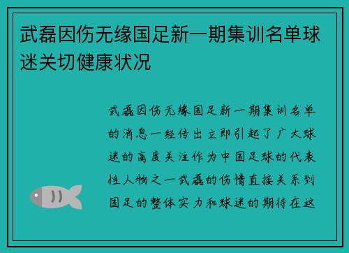 武磊因伤无缘国足新一期集训名单球迷关切健康状况